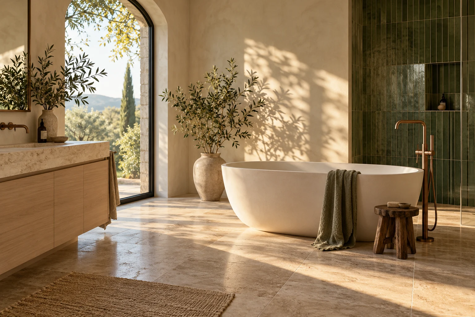 Sunlit bathroom with a freestanding bath, copper fittings and forest green tile
