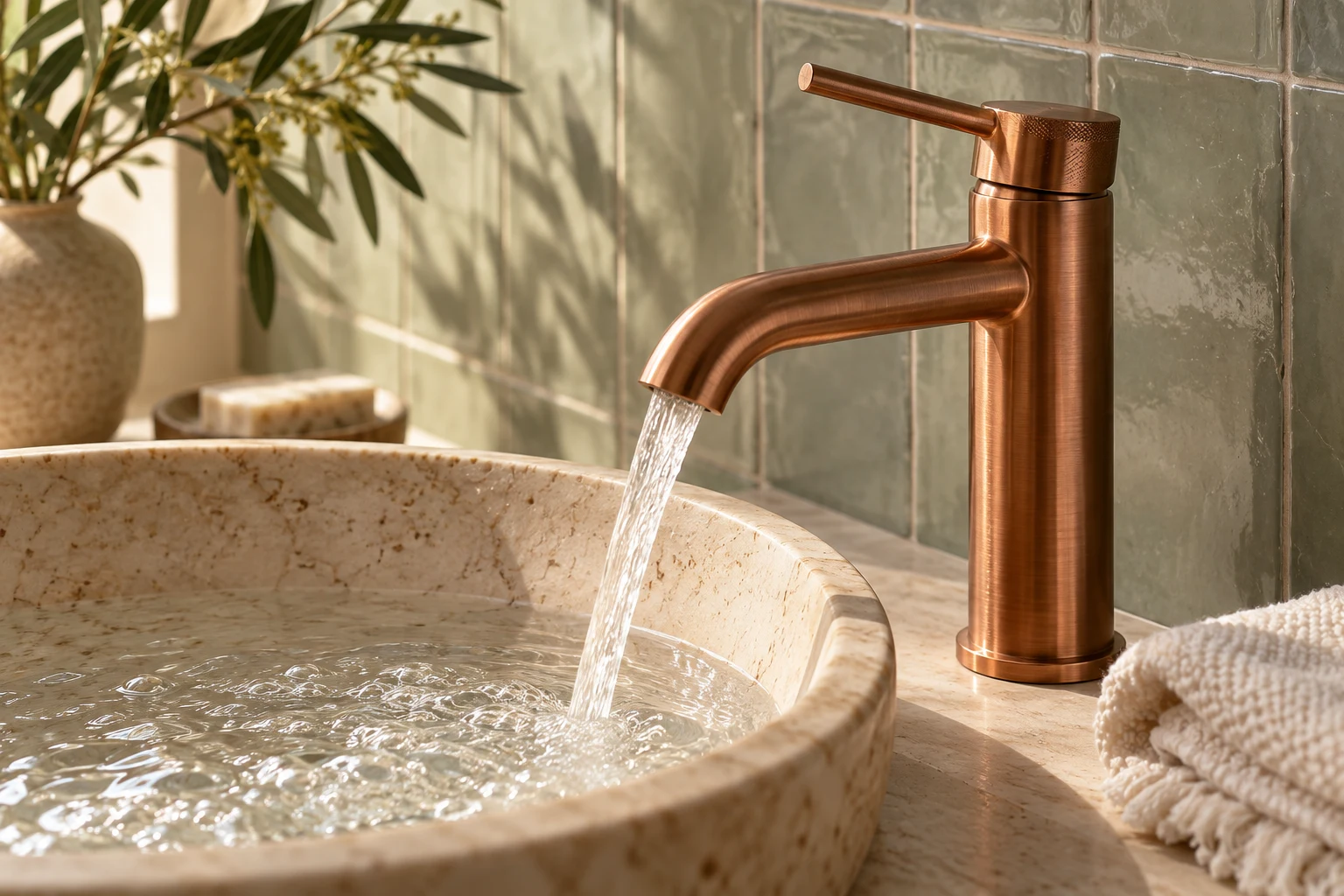 Copper tap with flowing water over a stone basin